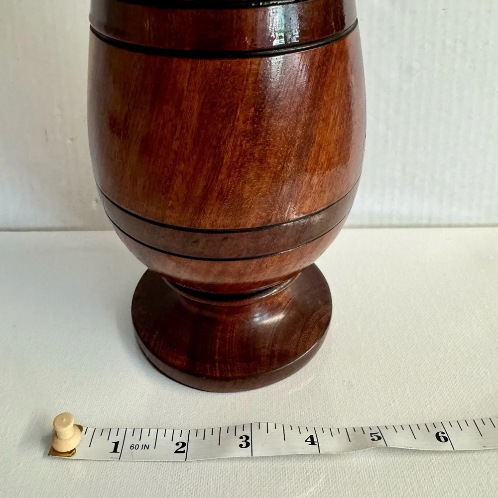 Vtg Hand turned brown Boho light and dark unique wood vase.